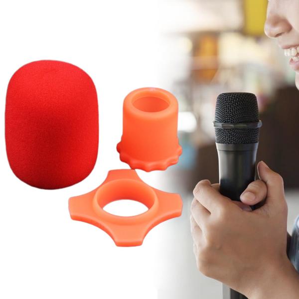 ハンドヘルドマイクウィンドスクリーン アンチローリングボトムロッドスリーブホルダー シリコンリング 通気性のあるマイクカバー インタビュー用