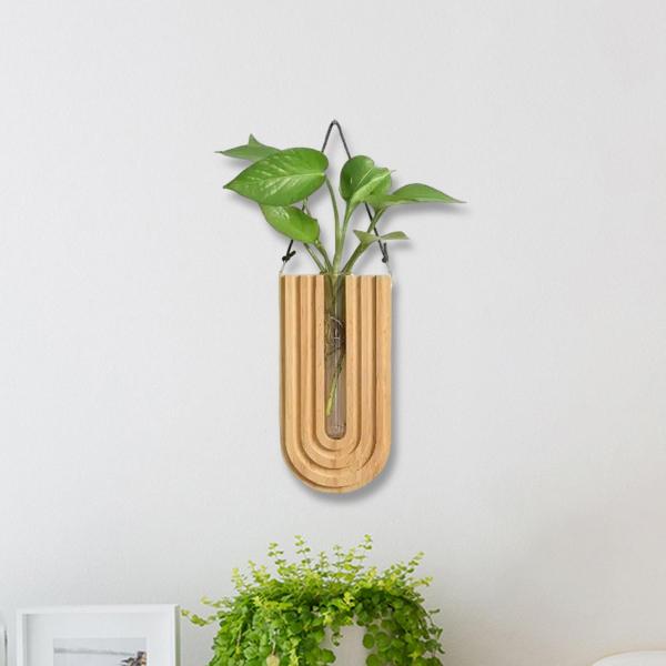 木製吊り下げ花瓶 壁掛け植物ホルダー ガラス管花瓶 U字型 20x10cm 植物愛好家向け 軽量
