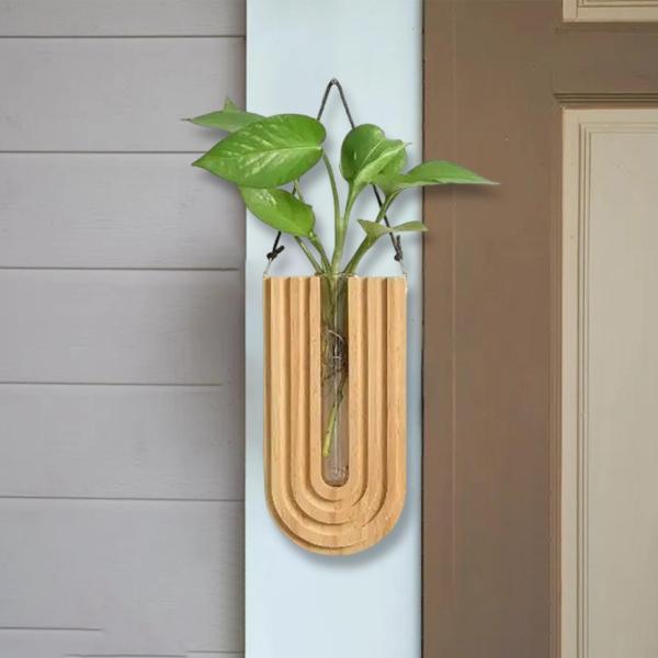 木製吊り下げ花瓶 壁掛け植物ホルダー ガラス管花瓶 U字型 20x10cm 植物愛好家向け 軽量