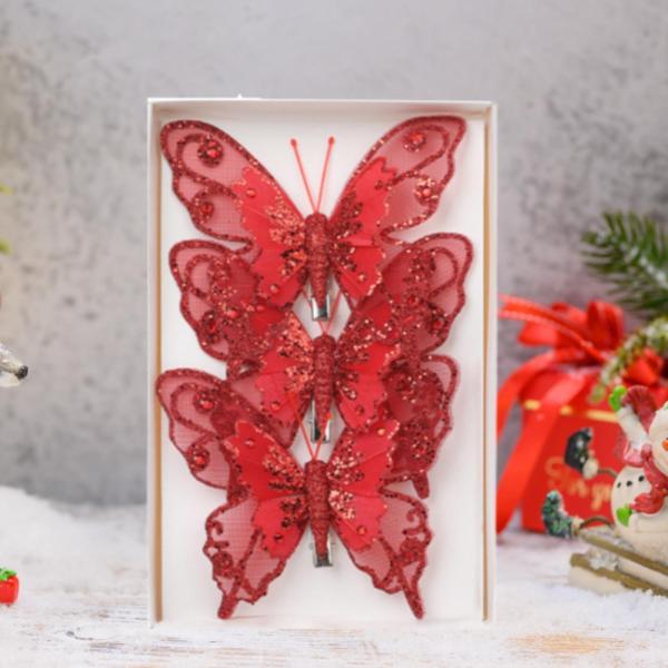 3 個クリスマス蝶の装飾蝶の飾り装飾センターピースクリップ付きグリッター蝶ホームオフィス用