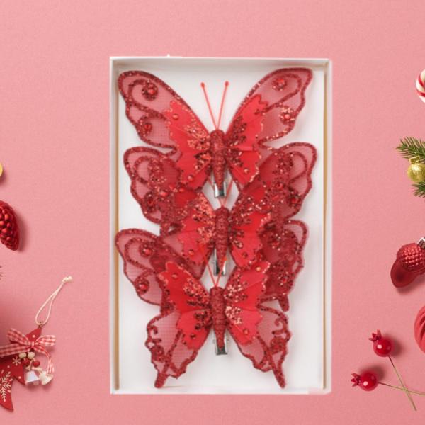 3 個クリスマス蝶の装飾蝶の飾り装飾センターピースクリップ付きグリッター蝶ホームオフィス用