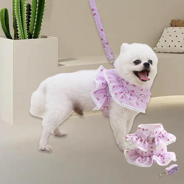 花柄犬用ハーネスドレス リーシュ付き ペット猫用ハーネス 快適なペット服 小型ペット犬用ベストハーネス 子犬用