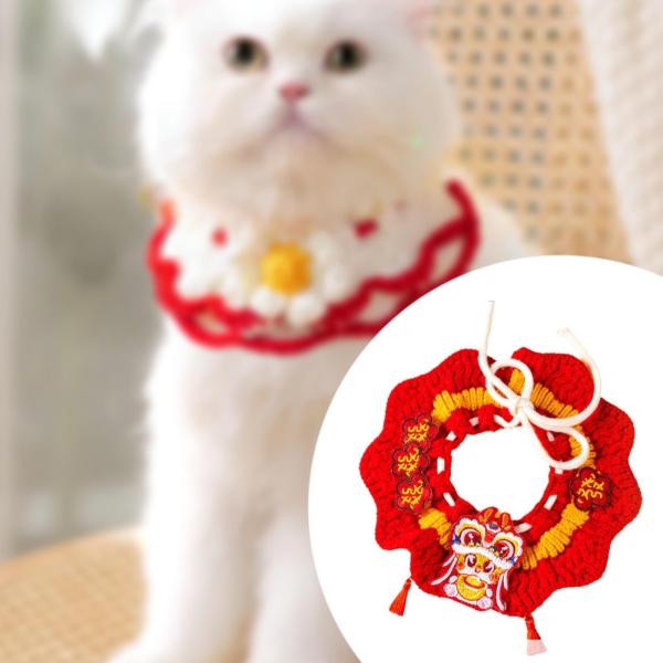 新年の猫の首輪、調節可能なニットペットスカーフ、ドレスアップコスチューム、かわいい手編みかぎ針編みのよだれかけ、子猫のネックレス、犬用ペット用スカーフ