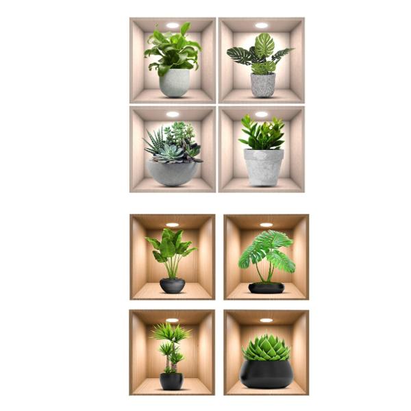 4ピース/個グリーン植物の壁のステッカー、アート壁画緑の葉の壁アート装飾寝室、保育園、オフィス、トイレ用の鉢植えの植物デカール