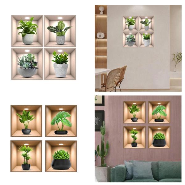 4ピース/個グリーン植物の壁のステッカー、アート壁画緑の葉の壁アート装飾寝室、保育園、オフィス、トイレ用の鉢植えの植物デカール