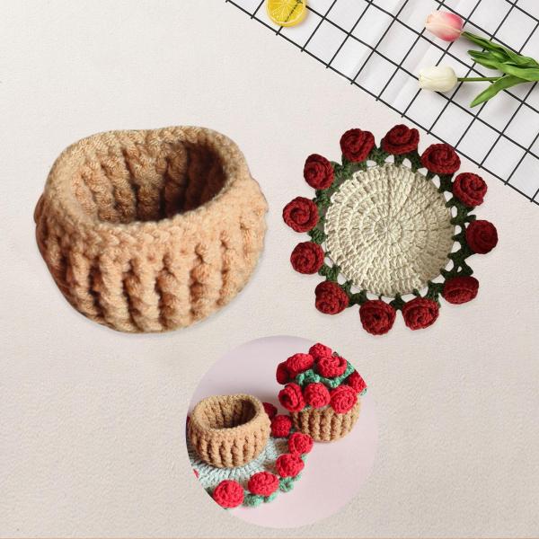 初心者向けのかぎ針編みキットコースターコースターかぎ針編みスターターキット完全机の装飾手作りの花柄のコースターコーヒーテーブルオフィスのお母さん