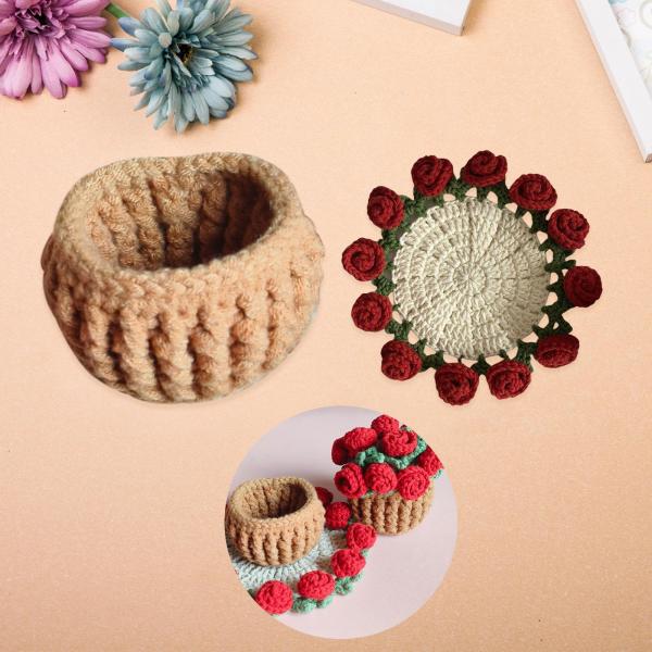 初心者向けのかぎ針編みキットコースターコースターかぎ針編みスターターキット完全机の装飾手作りの花柄のコースターコーヒーテーブルオフィスのお母さん