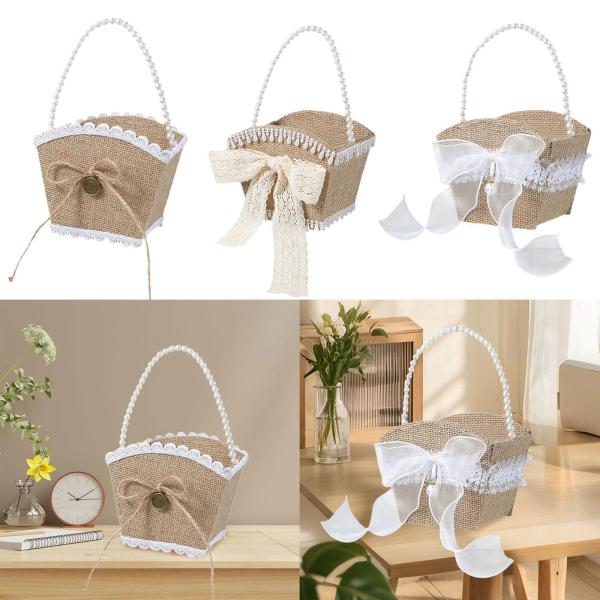 黄麻布の花の女の子バスケットフラワーペタルバスケットハンドルボウノットウェディングフラワーバスケットバンケットホリデーパーティーテーブルの装飾