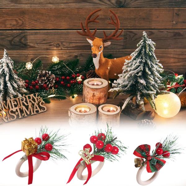 クリスマスナプキンリング ナプキンバックル 素朴でクリエイティブな装飾  赤いベリーの飾り付き パーティー 普段使い バー用