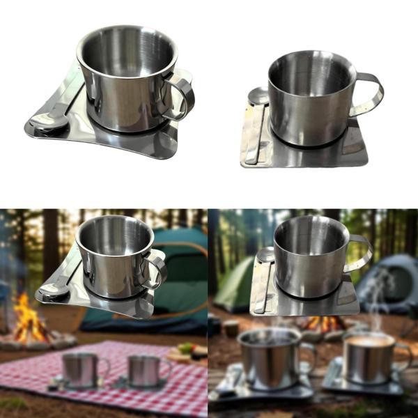 ステンレススチール製コーヒーカップ アウトドア キャンプ用マグカップ 断熱ウォーター ソーサーとスプーン付き レストラン オフィス用