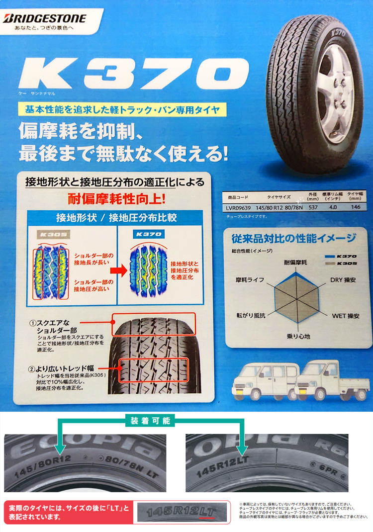 4本セット ブリヂストンタイヤ 145/80R12 80/78N K370 サマータイヤ : 4s-bs-lvr09639 :  タイヤが安いスーパータイヤマーケット - 通販 - Yahoo!ショッピング