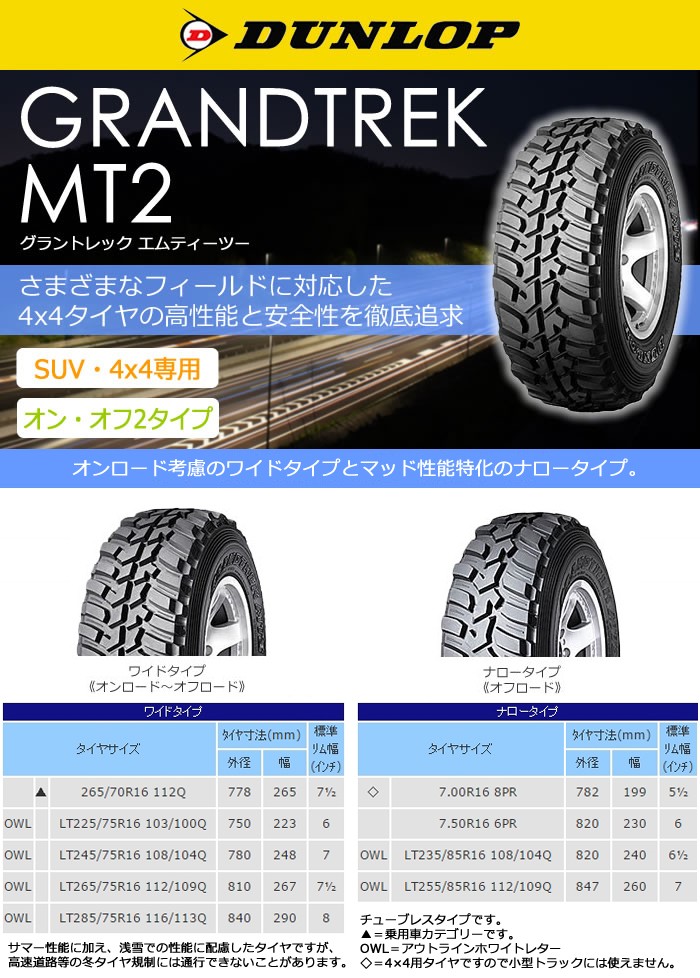 ダンロップタイヤ LT255/85R16 112/109Q MT2 グラントレック 