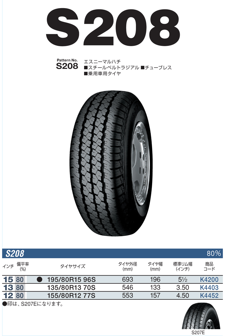 ヨコハマタイヤ 155/80R12 77S S208 1本価格 偶数本数で送料無料 : yo