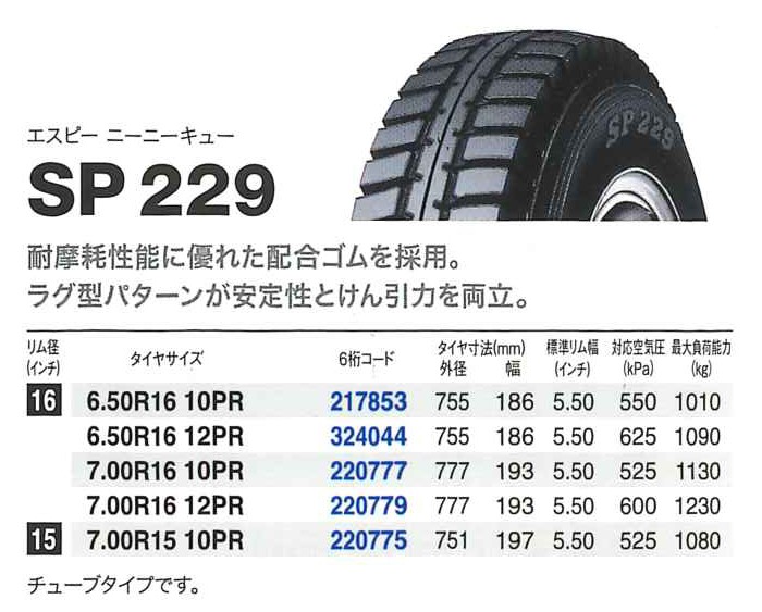 ダンロップタイヤ 650R16 12PR SP229 チューブタイプ 1本価格 サマー