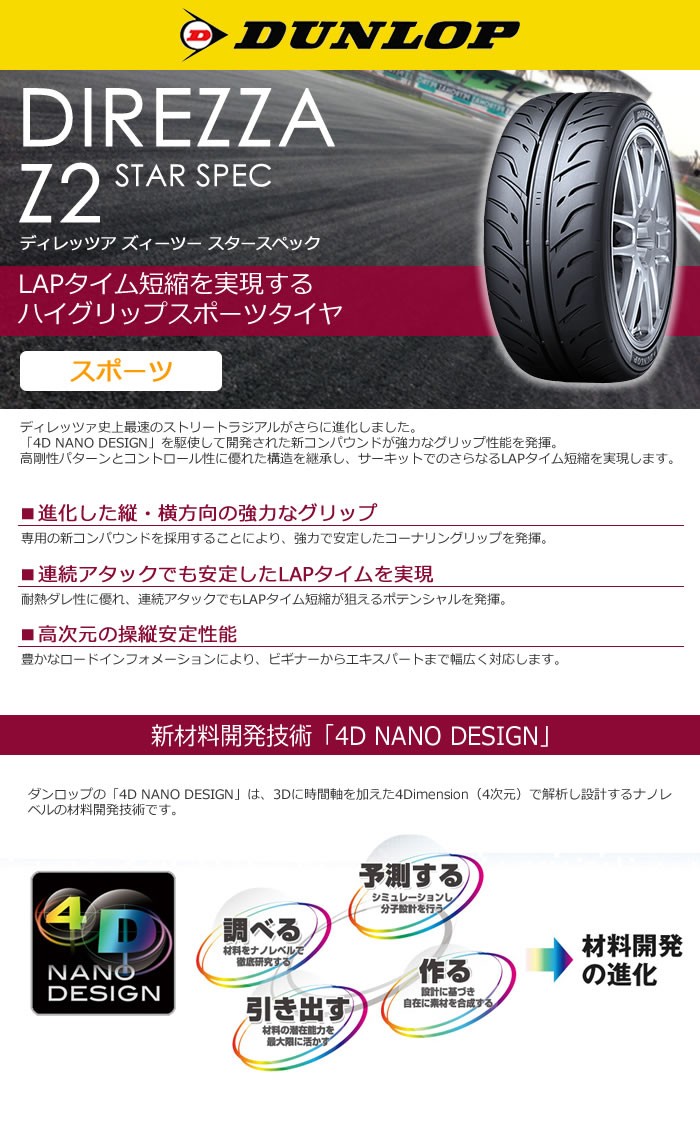 ダンロップタイヤ 215/45R18 89W Z2 ディレッツァ スタースペック 4本