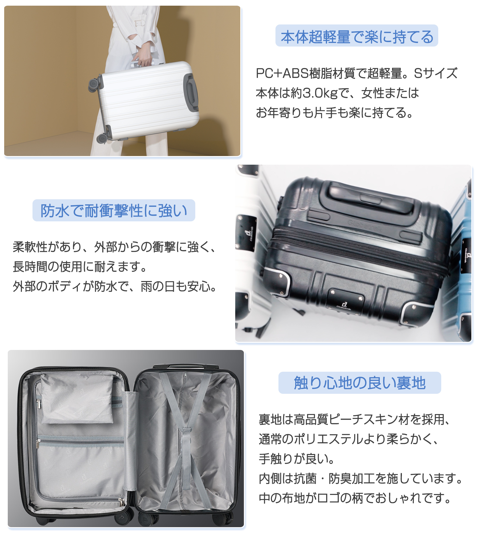 キャリーケース M グレー 60L 軽量 丈夫 旅行 静音 高品質 TSAロック