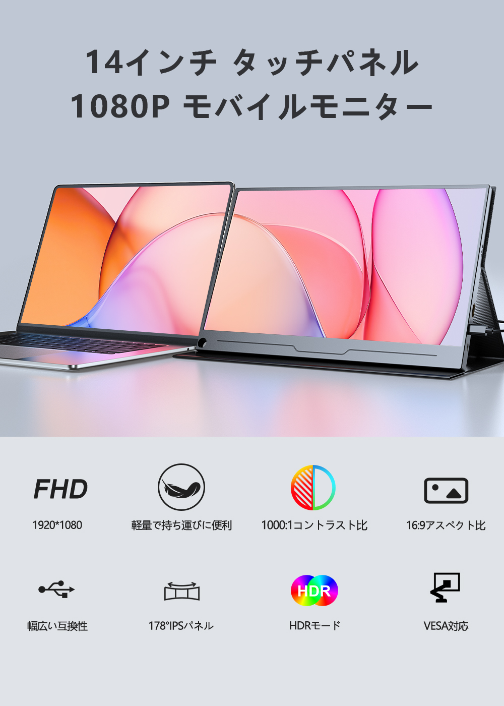 【FHD タッチパネル】EVICIV モバイルモニター 14インチ フルHD ゲーミングモニター モバイルディスプレイ mini HD/Type-C/VESA 仕事 switch PS5 PCモニター 関連画像2