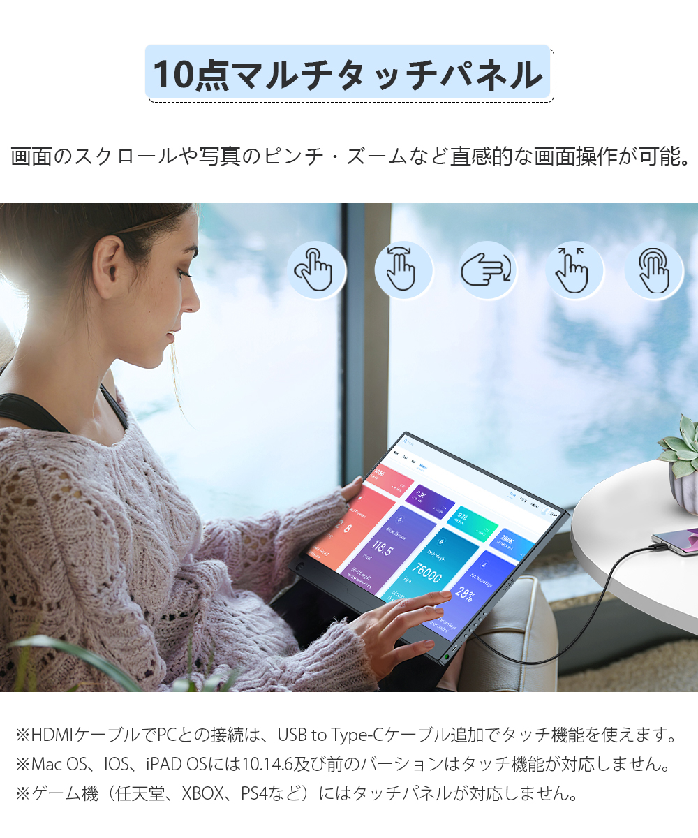 【FHD タッチパネル】EVICIV モバイルモニター 14インチ フルHD ゲーミングモニター モバイルディスプレイ mini HD/Type-C/VESA 仕事 switch PS5 PCモニター 関連画像4