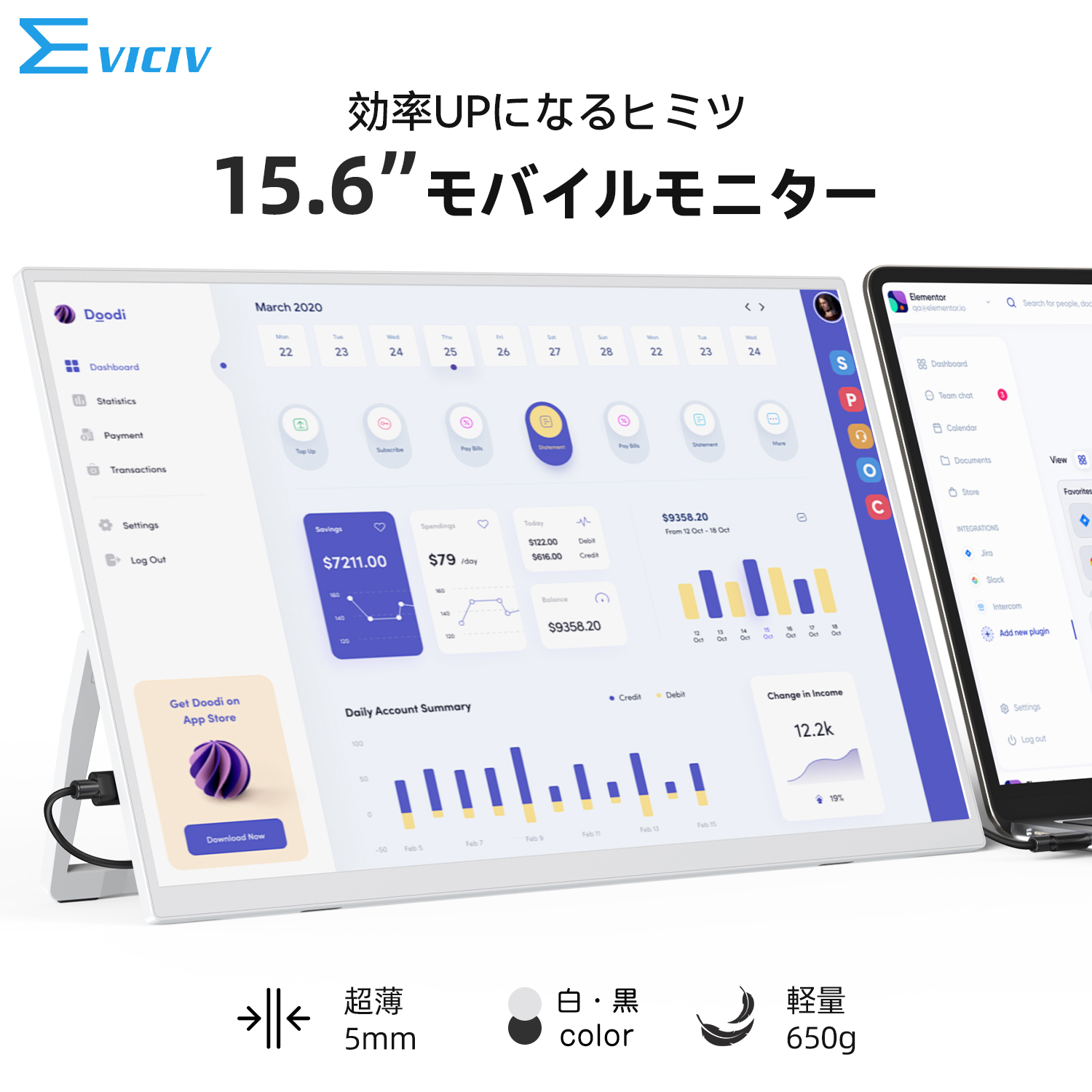 EVICIV ���o�C�����j�^�[ �|�[�^�u�����j�^�[ �t�����j�^�[ 15.6�C���` FHD �������X�^���h �p�x�����\ Type-C/PC/�X�}�z/Switch���j�^�[ �z���C�g