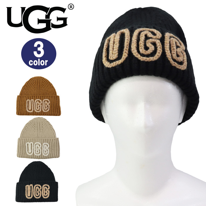UGG アグ ニット帽 ロゴ刺繍　ビーニー ブラック 新品 アグ ニット帽 UGG 帽子 クリスマスプレゼント 女性 キャップ ニット