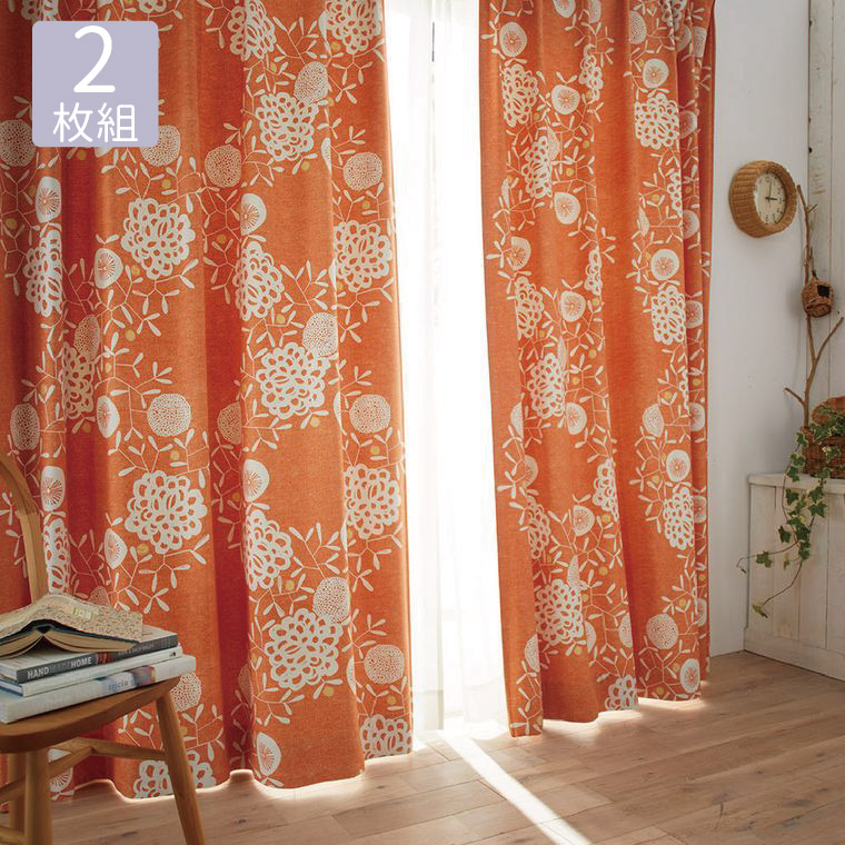 カーテン 遮光 2級 幅100×丈178cm 2枚組 オレンジ リース 花柄