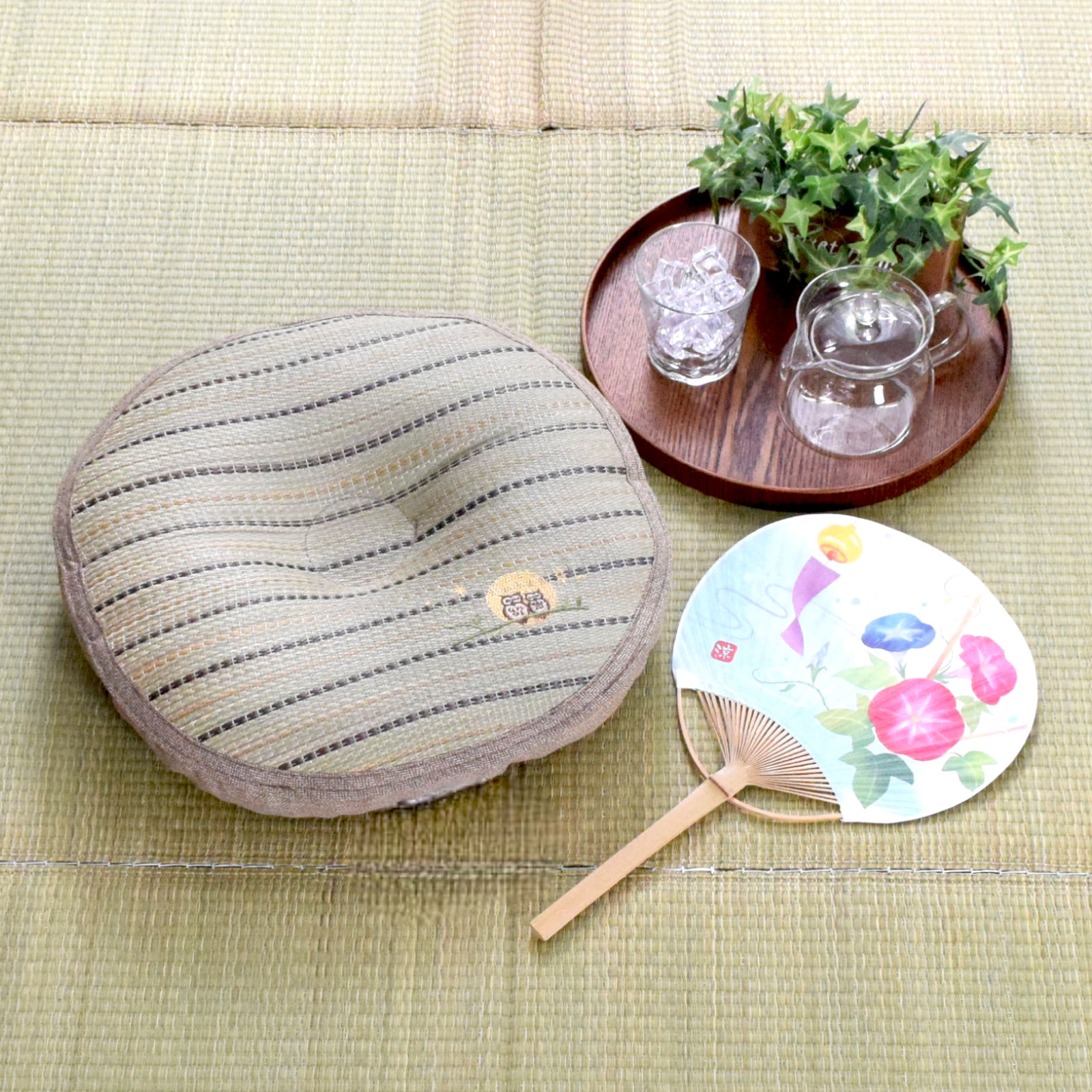 い草 円座クッション 座布団 夏用 直径約40×5cm フロア 円形 円型 刺繍