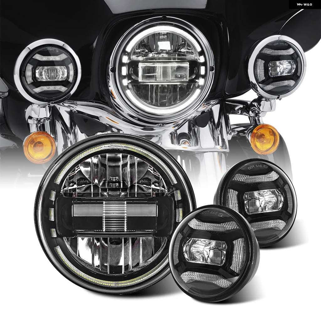並行輸入品クローム/ブラック 7インチ LED ヘッドライト ラウンド + 2X 4-1/2インチ フォグランプ パッシングランプ ブラケット オートバイ ライト アセの画像