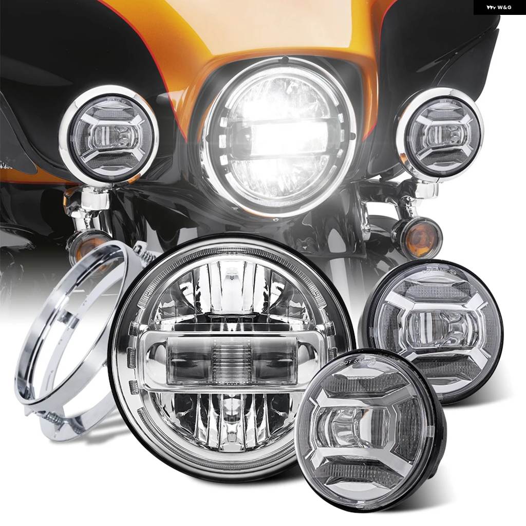 並行輸入品クローム/ブラック 7インチ LED ヘッドライト ラウンド + 2X 4-1/2インチ フォグランプ パッシングランプ ブラケット オートバイ ライト アセの画像