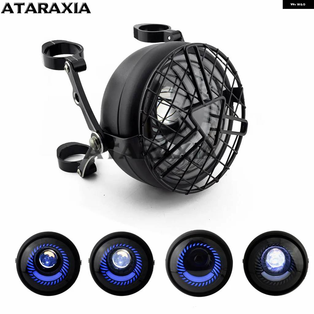 並行輸入品 ラウンドLED ヘッドランプ 距離ライトREMOTORCYCLE ヘッドライト カフェレーサー フロントライトランプシェード ライト ブラケットの画像