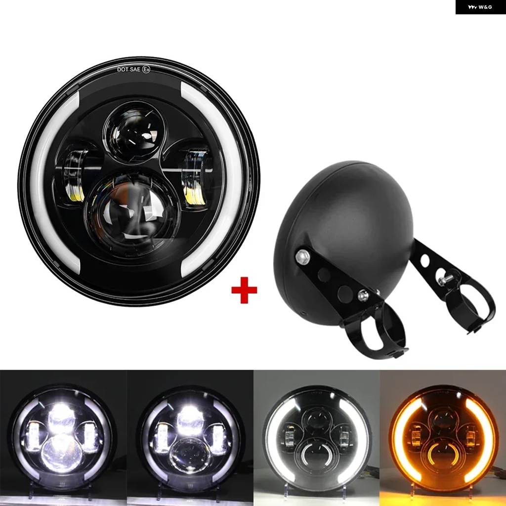 並行輸入品 7インチ 50W DOT SAE E9 オートバイ ヘッドランプ アングルアイ DRL ウィンカー LED ヘッドライト ハウジングの画像