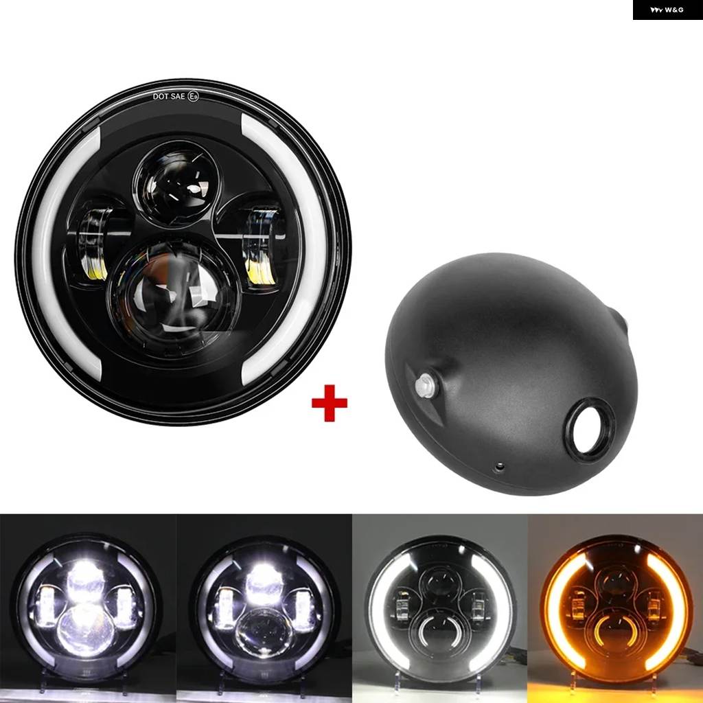 並行輸入品 7インチ 50W DOT SAE E9 オートバイ ヘッドランプ アングルアイ DRL ウィンカー LED ヘッドライト ハウジングの画像