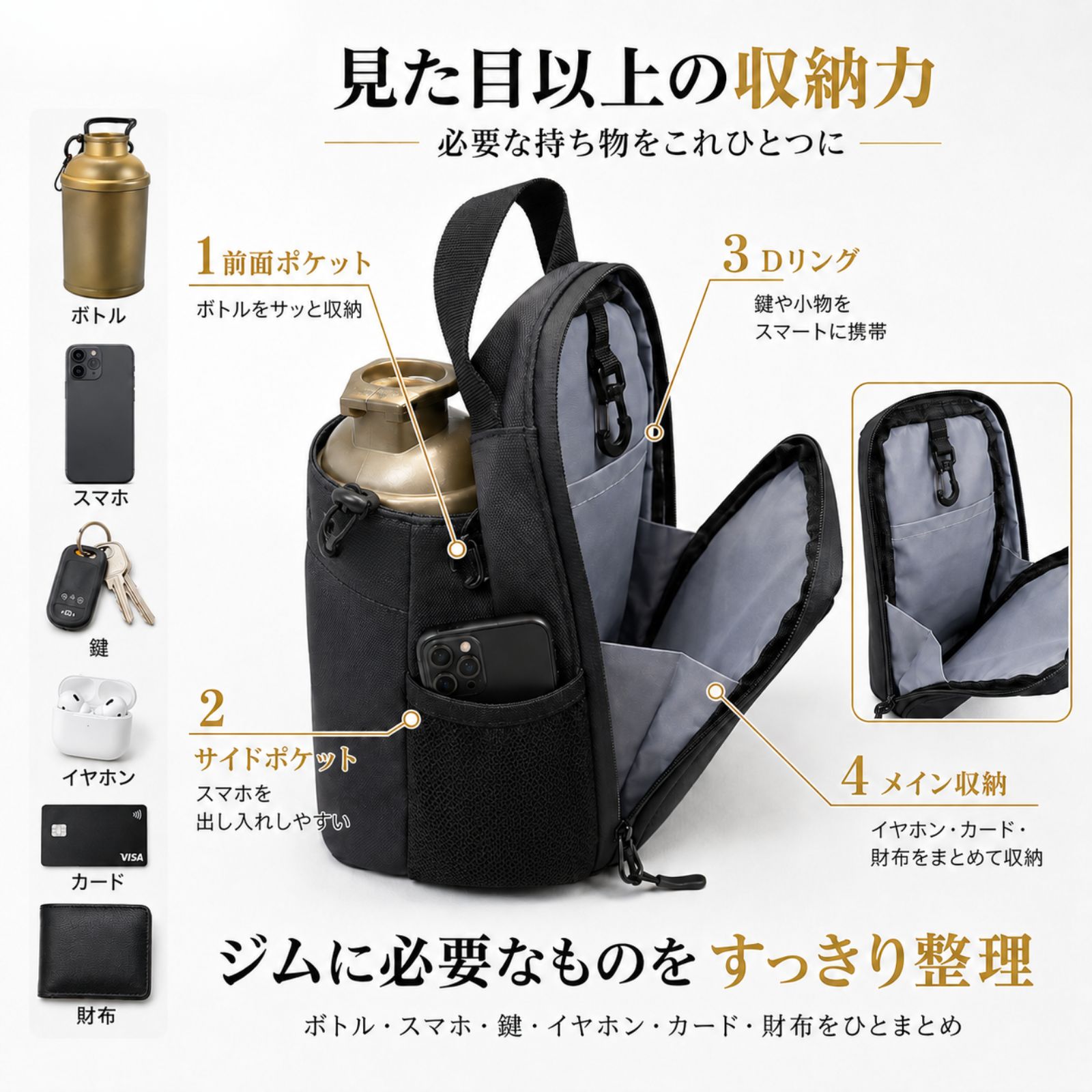 マグネットジムバッグの収納力と各ポケット