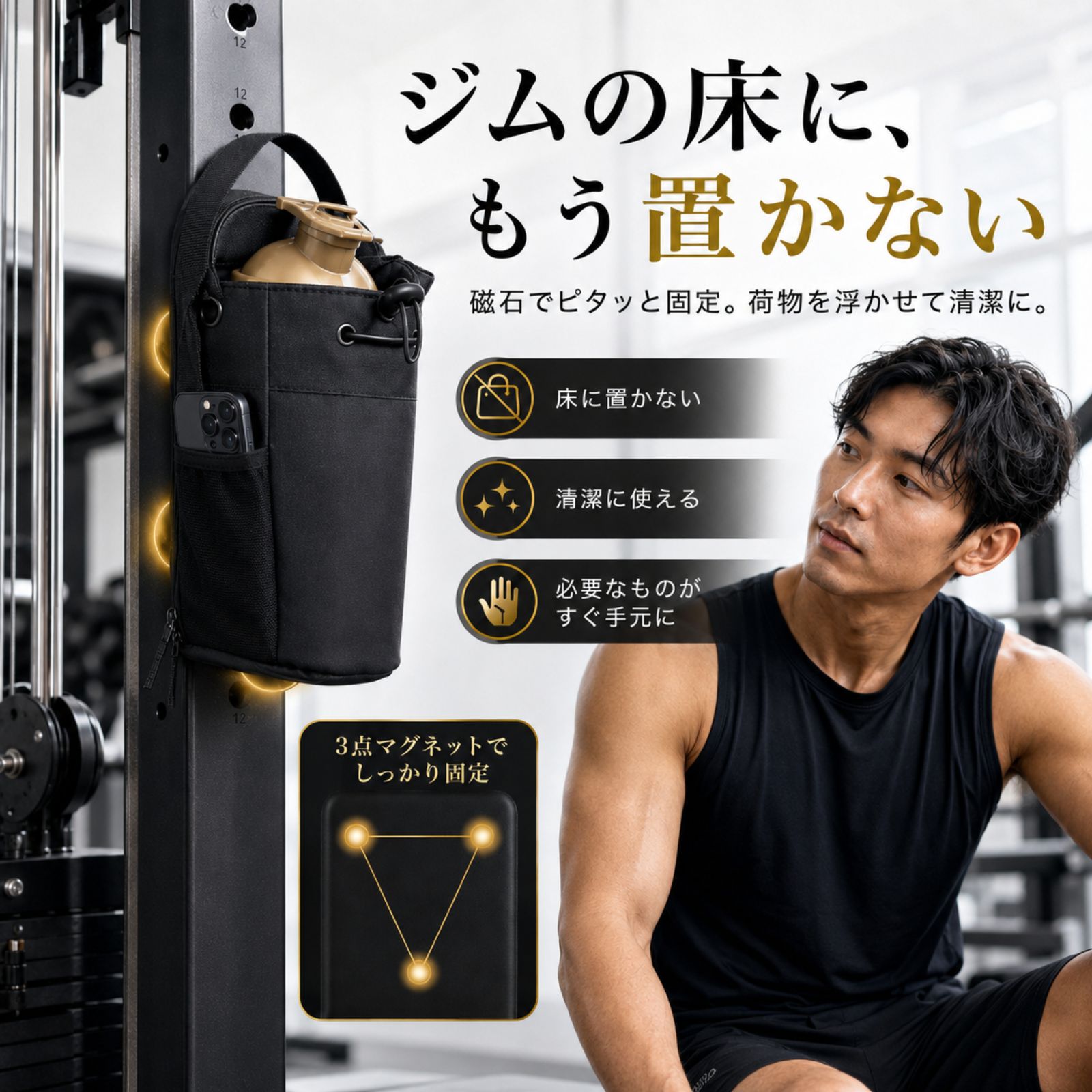 ジムの荷物を床に置かず清潔に管理