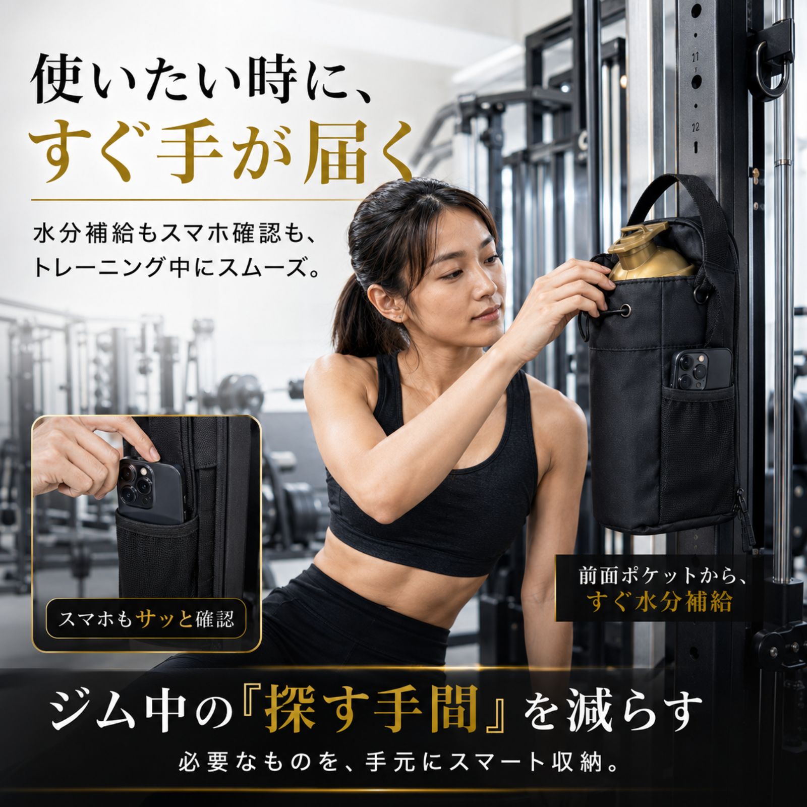 ボトルとスマートフォンがすぐ手に届くジムバッグ