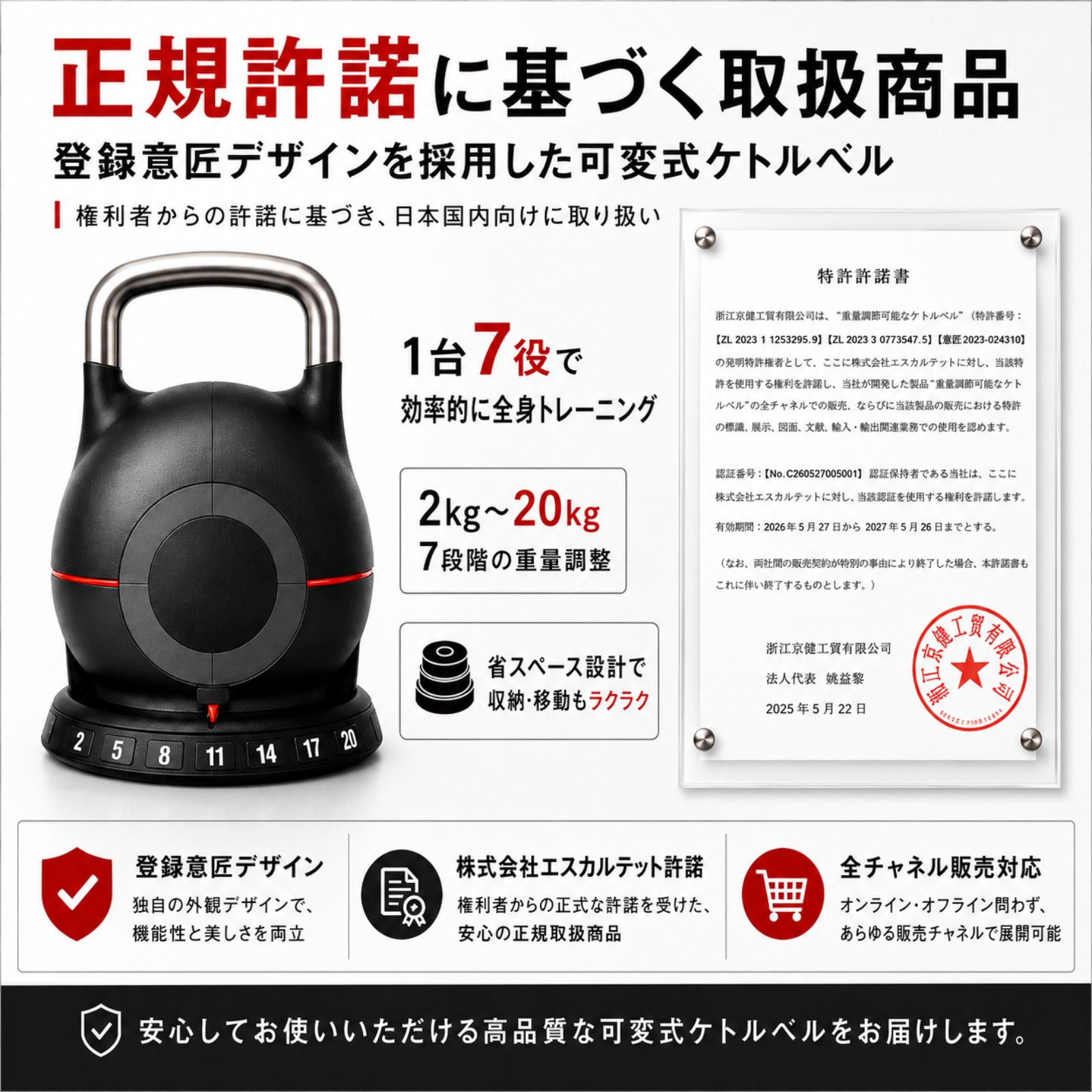 可変式ケトルベル 20kg 7段階調整 2kg〜20kg kg表記 正規許諾取扱 登録