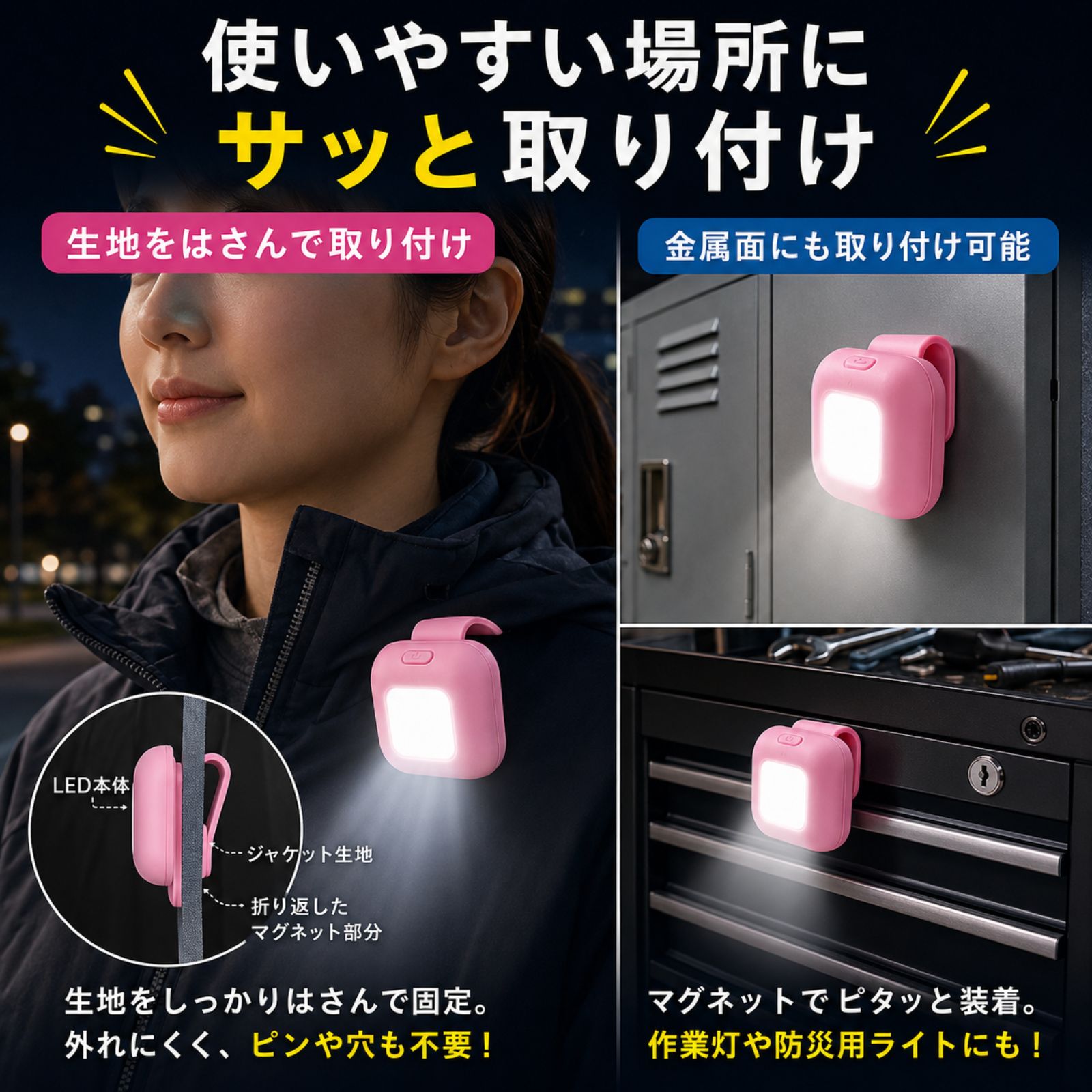 マグネットで生地を挟む 金属面にも取り付け可能