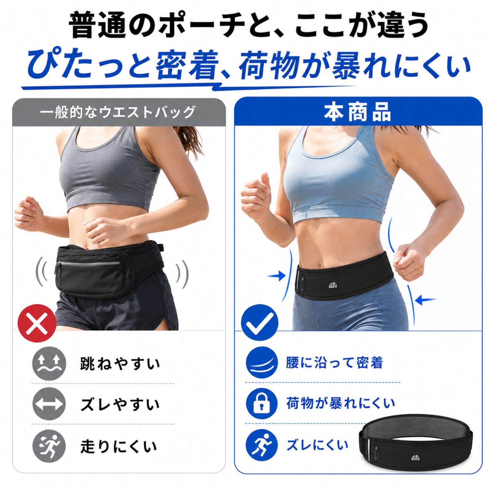 普通のウエストバッグとの違い ぴたっと密着 荷物が暴れにくい