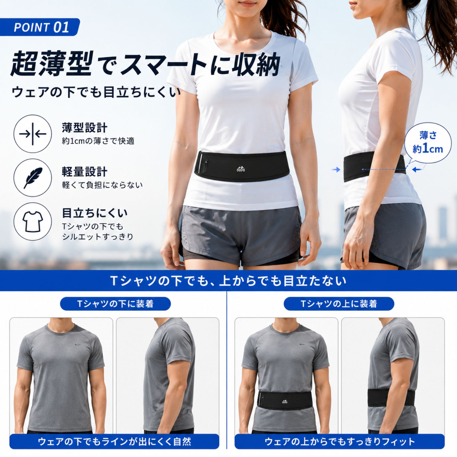 超薄型でスマートに収納 ウェアの下でも目立ちにくい