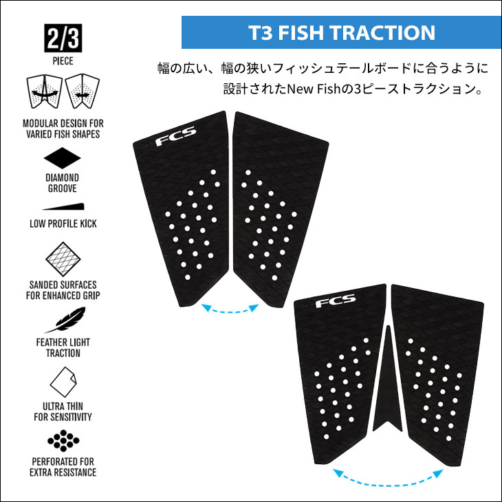 FCS  T3W デッキパッド 黒 3ピース FCS サーフィン デッキパッド サーフボード T-3W ワイド 3ピース