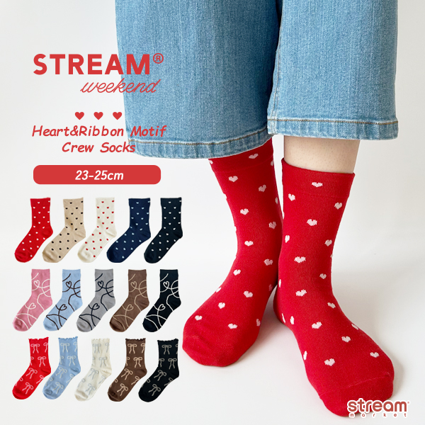 靴下 レディース ハート リボン モール クルーソックス 23-25cm