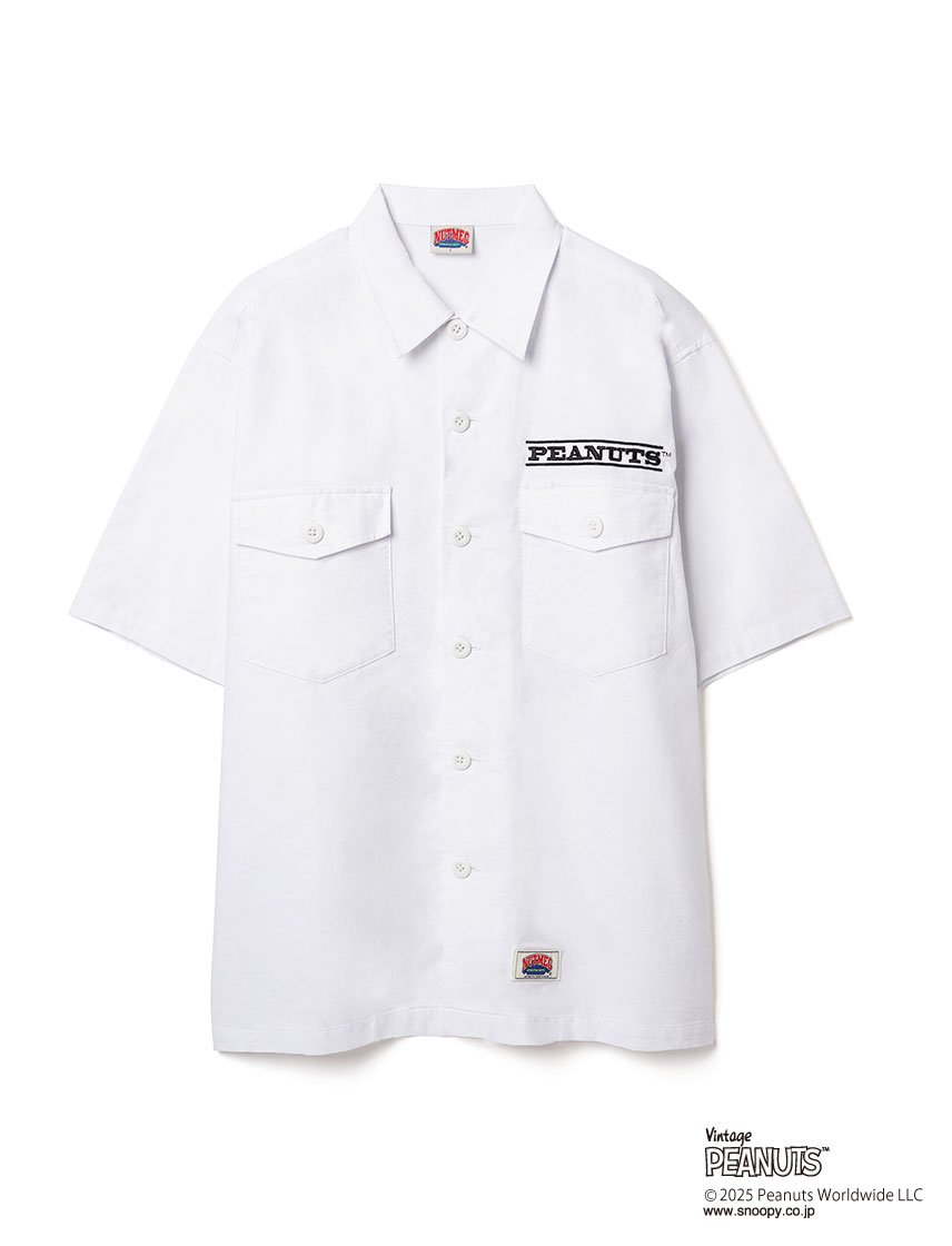 PEANUTS ミリタリー 半袖シャツ スケートボード NUTMEG ダブルーネーム パックプリント チャーリーブラウン ミスターサック スポーツ ストリート リラックスシルエット 2J8-15883 PEANUTS ミリタリー 半袖 シャツ スケートボード NUTMEG ダブルー