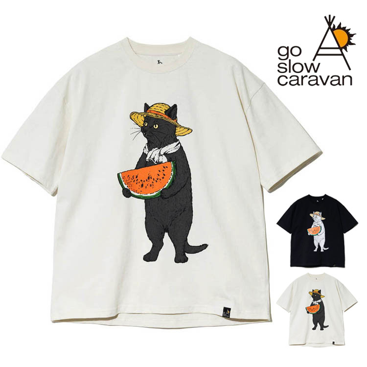 go slow caravan（ゴースローキャラバン） スイカ 猫 麦わら帽子 半袖T