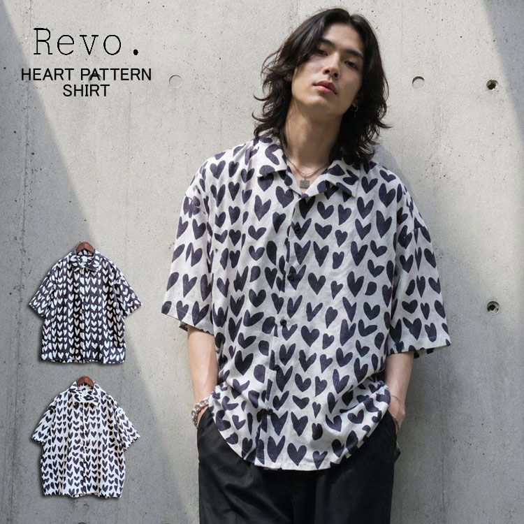 Revo. レヴォ 半袖シャツ ハート柄 総柄 リネン混 開襟シャツ セミ