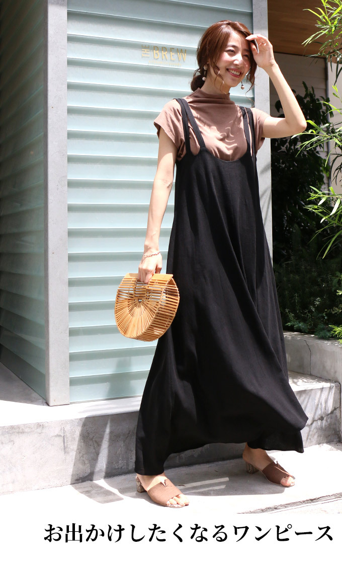 Ehre style ワンピース リネン ロングワンピース ブラック ワンピ 黒  