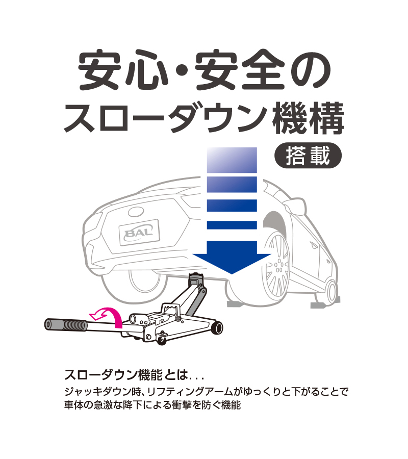 大橋産業（BAL） ローダウン車対応油圧ジャッキ2t No.2102 油圧ジャッキ 車 ジャッキアップ タイヤ交換 オイル交換 スローダウン 最大荷重2トン 軽〜普通乗用車｜stylemarket｜03