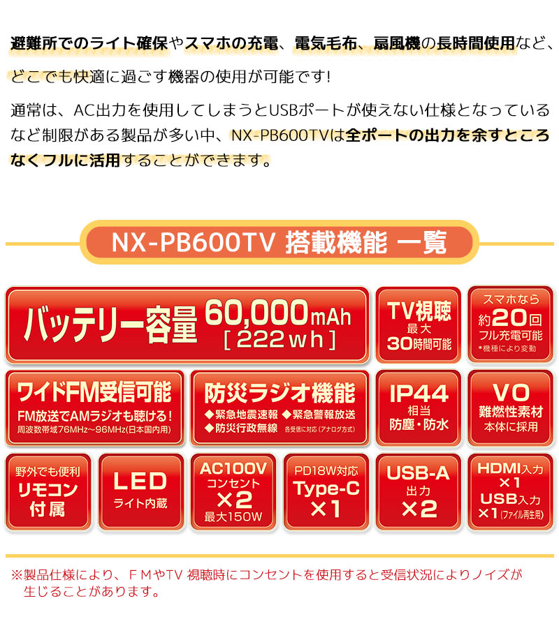 ポータブル電源 NX-PB600TV 10.1型TV搭載 ラジオ 軽重量 持ち運び 防災