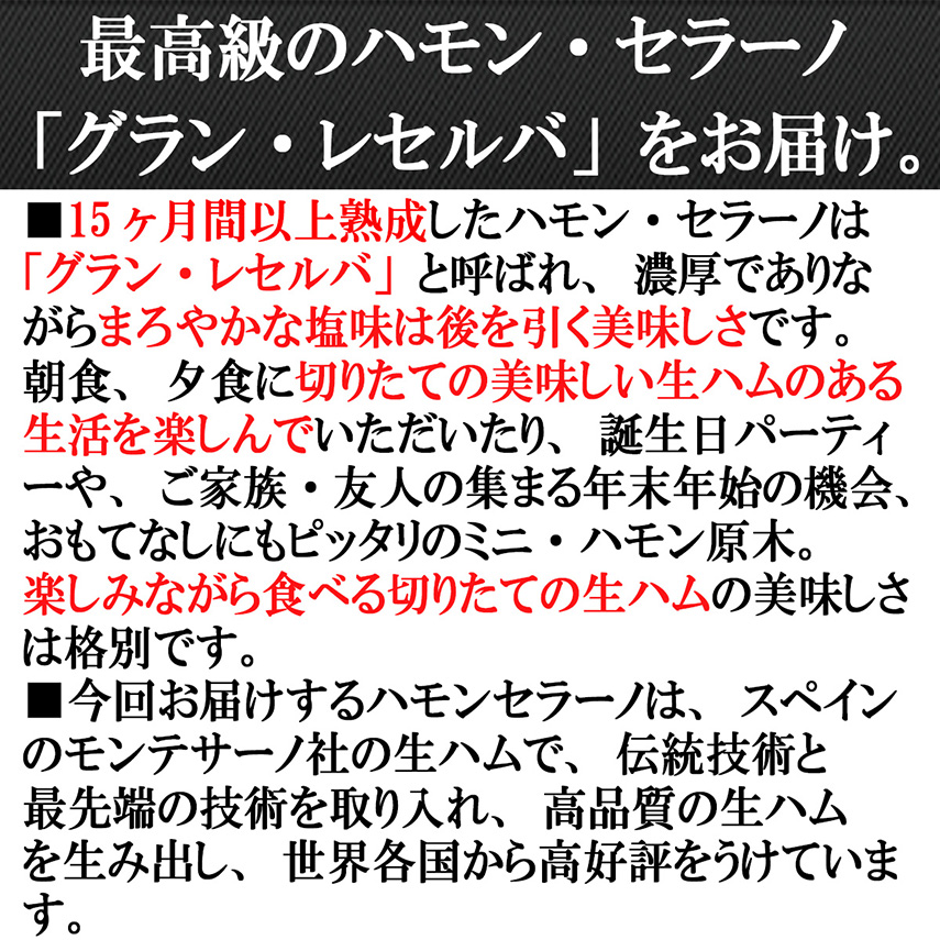 ハモンセラーノ最高級グランレセルバ、生ハムミニ原木セット、ハモンセラーノ