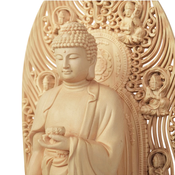 【現状品】菩薩様　如来像　阿弥陀如来　仏像　一刀彫　木彫り　羽衣 木彫り仏像 向源寺形【十一面観音菩薩立像】 桧木 立5.0寸 金泥