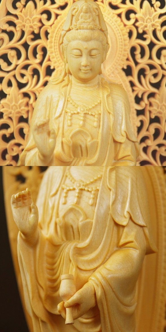 木彫り 仏像 観音様 観音菩薩 観世音菩薩 観自在菩薩 水瓶 功徳水 救世菩薩 フィギュア 観音菩薩像 立像 仏教美術 置物 木彫 仏像 