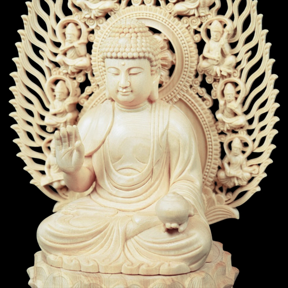 【修縁堂】彩繪 瑠璃光薬師仏 仏師手工精彫り 木彫仏像 極上品 仏教工芸品 薬師如来（薬師瑠璃光如来） 特別彫金仕上げ 20cm｜大阪の仏像